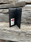 This tall Black basketweave leather wallet features a Hair-On corner with a silver pistols Concho.  Inside view showing thirteen card slots, five bill slots and a ID window. 