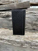 This tall Black basketweave leather wallet features a Hair-On corner with a silver pistols Concho. Rear view showing a additional cash slot.
