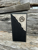 This tall Black basketweave leather wallet features a Hair-On corner with a silver pistols Concho. Front view