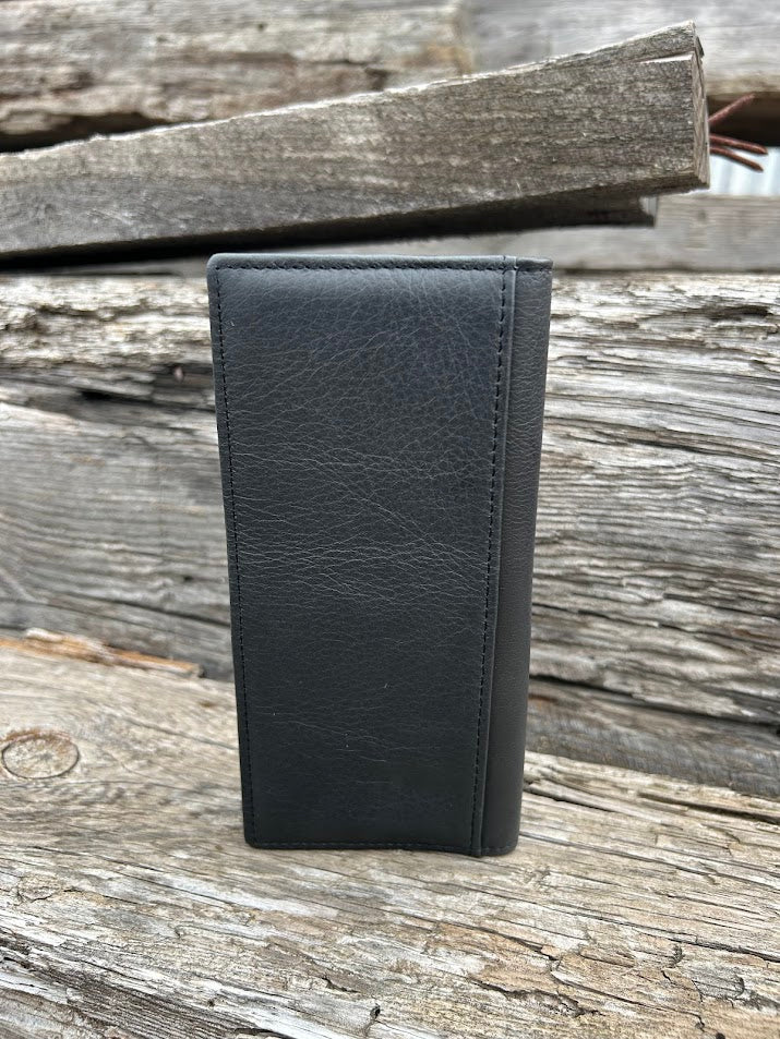 Black basketweave leather checkbook wallet with silver  Praying Cowboy concho on cowhide. Rear view showing additional bill slot.