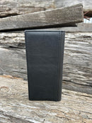 Black basketweave leather checkbook wallet with silver  Praying Cowboy concho on cowhide. Rear view showing additional bill slot.