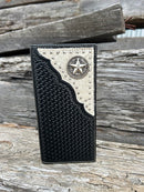 Black basketweave leather wallet with star concho design on a cowhide corner. Front View