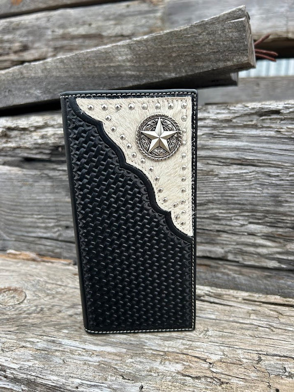 Black basketweave leather wallet with star concho design on a cowhide corner. Front View