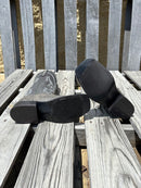 Men's Anderson Bean grey Safari Cape  Buffalo cowboy boots with a black 12" shaft and a square toe. Bottom view showing the all black hybrid outsole. 