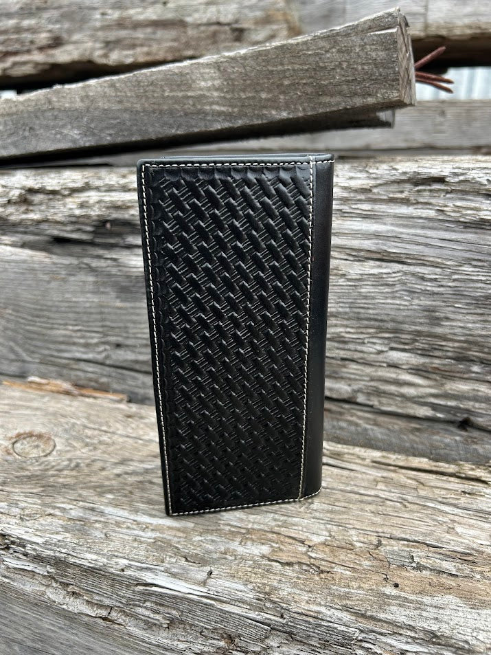 Black basketweave leather wallet with star concho design on a cowhide corner. Rear view showing basketweave leather and a additional bill slot. 