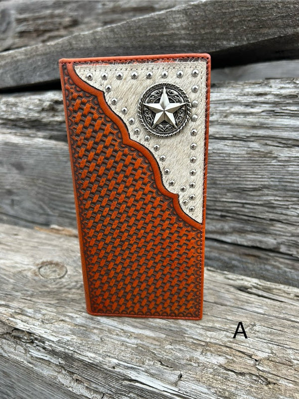 Top Notch Accessories Brown Hair-On Basketweave Leather Tall Wallet with Star Concho