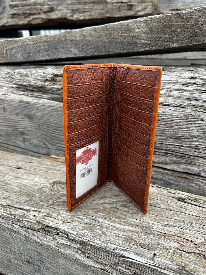 Brown basketweave leather tall wallet with a Star Concho on a cowhide inlay. Inside view showing ID window and multiple card slots. 
