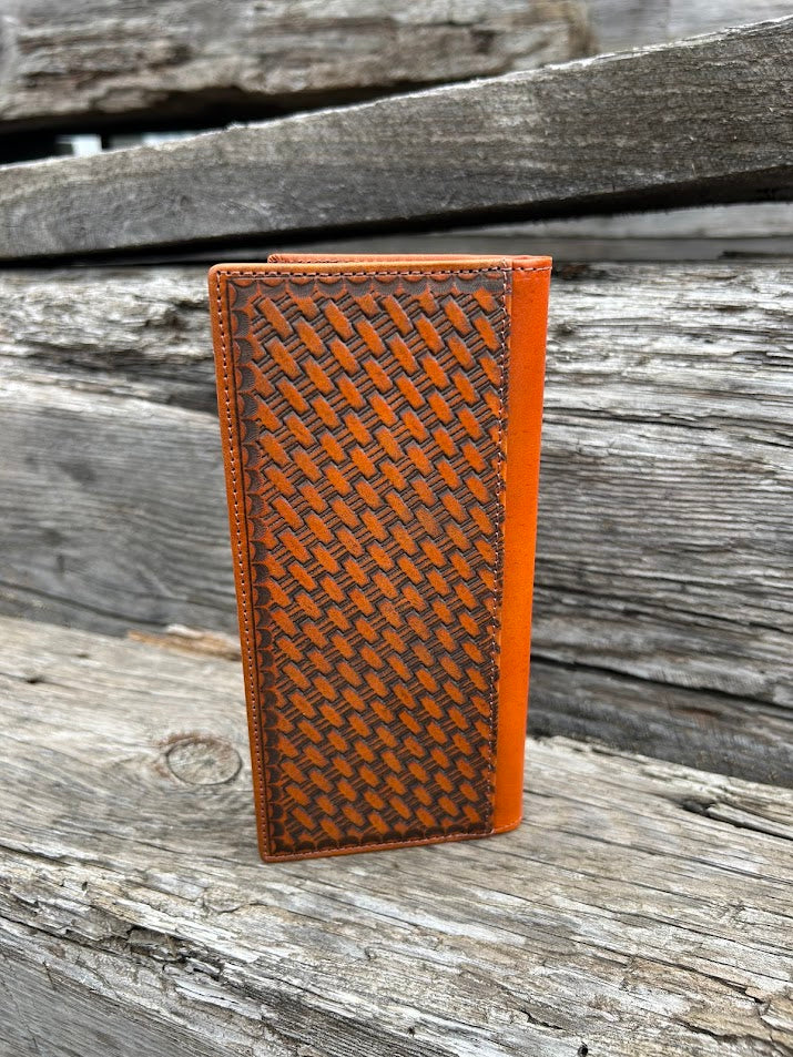 Brown basketweave leather tall wallet with a Star Concho on a cowhide inlay. Rear View