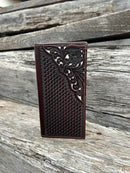 Coffee Brown basketweave leather checkbook wallet with intricate tooled design with a Beige inlay. Front View