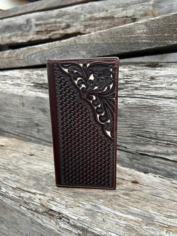 Coffee Brown basketweave leather checkbook wallet with intricate tooled design with a Beige inlay. Front View
