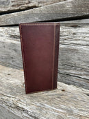 Coffee Brown basketweave leather checkbook wallet with intricate tooled design with a Beige inlay. Rear view showing a additional bill slot. 