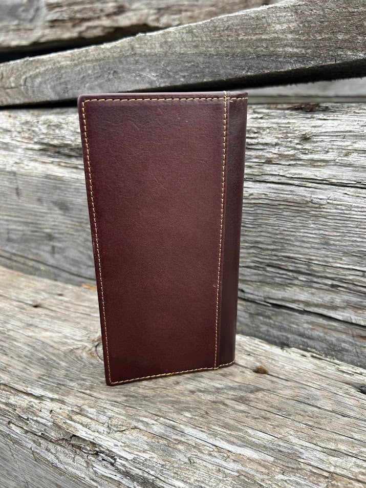 Coffee Brown basketweave leather checkbook wallet with intricate tooled design with a Beige inlay. Rear view showing a additional bill slot. 