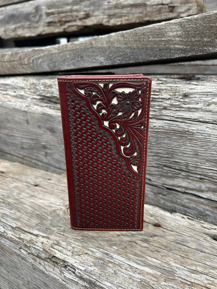 Brown basketweave leather tall wallet with intricate cut-out design with a beige inlay. Front View