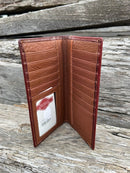 Brown basketweave leather checkbook wallet with intricate cut-out design with a beige inlay. Inside view showing thirteen card slots, a ID window, and multiple bill slots. 