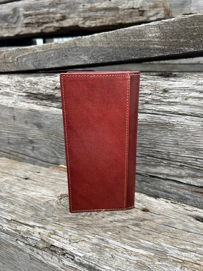 Brown basketweave leather checkbook wallet with intricate cut-out design with a beige inlay. Rear view showing additional cash slot. 