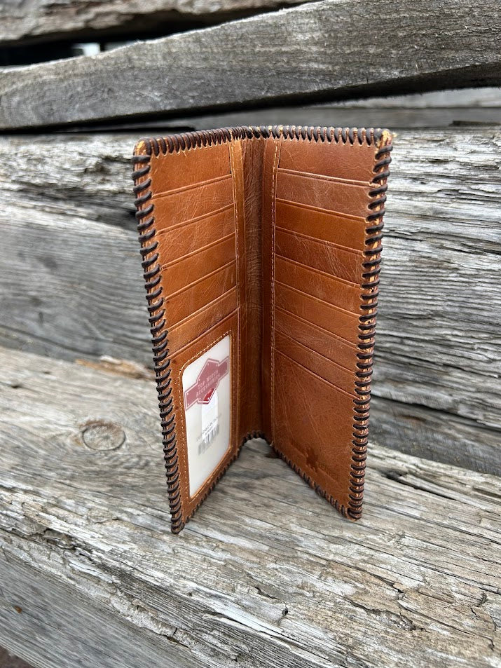 Brown leather checkbook wallet with a embossed rooster design and a whip stitched border. Inside view showing multiple bill slots, a ID Window, and 13 card slots. 