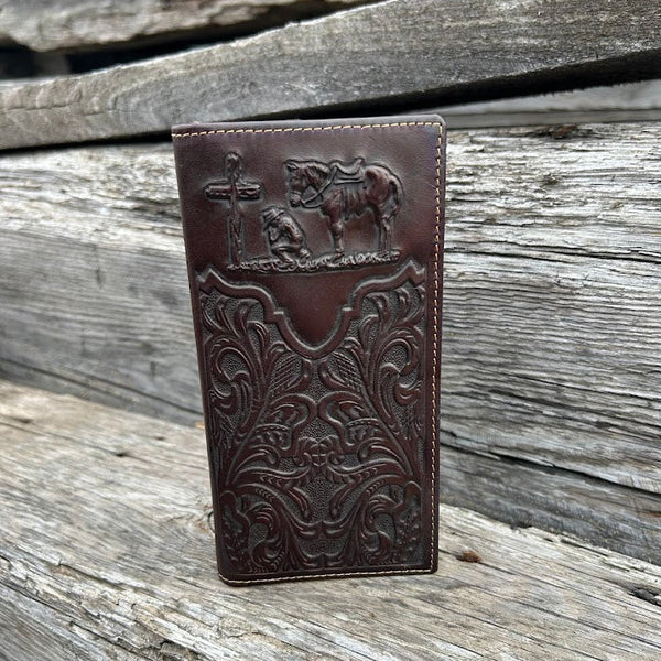 Coffee Brown leather checkbook wallet with embossed Praying Cowboy design. Front View