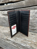 Coffee Brown leather checkbook wallet with embossed Praying Cowboy design. Inside view showing 13 card slots, a ID window, and multiple bill slots. 