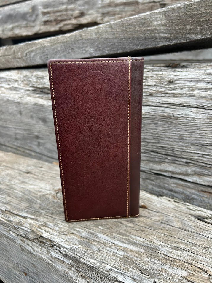 Coffee Brown leather checkbook wallet with embossed Praying Cowboy design. Rear showing a additional cash slot. 