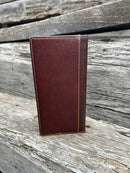 Coffee Brown leather checkbook wallet with embossed Praying Cowboy design. Rear showing a additional cash slot. 