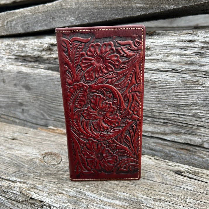 This Brown embossed leather tall wallet features multiple card and cash slots for optimal organization. Front View