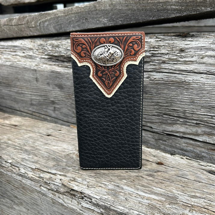 Black pebbled leather checkbook wallet with brown tooled design featuring a Bull Rider Concho. Front View