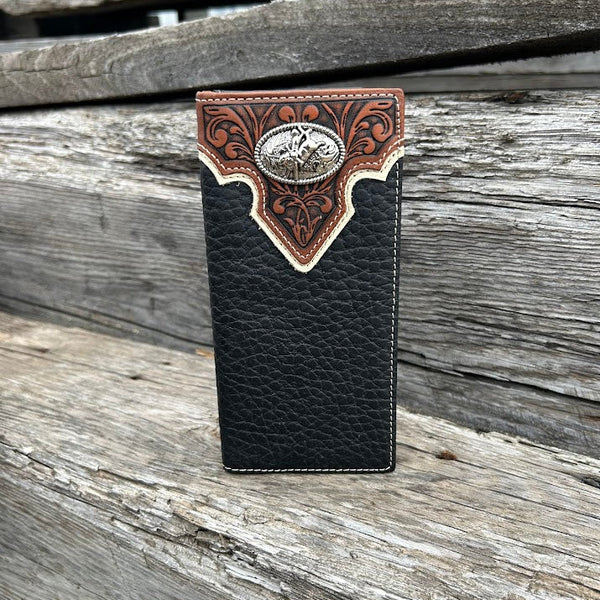 Black pebbled leather checkbook wallet with brown tooled design featuring a Bull Rider Concho. Front View