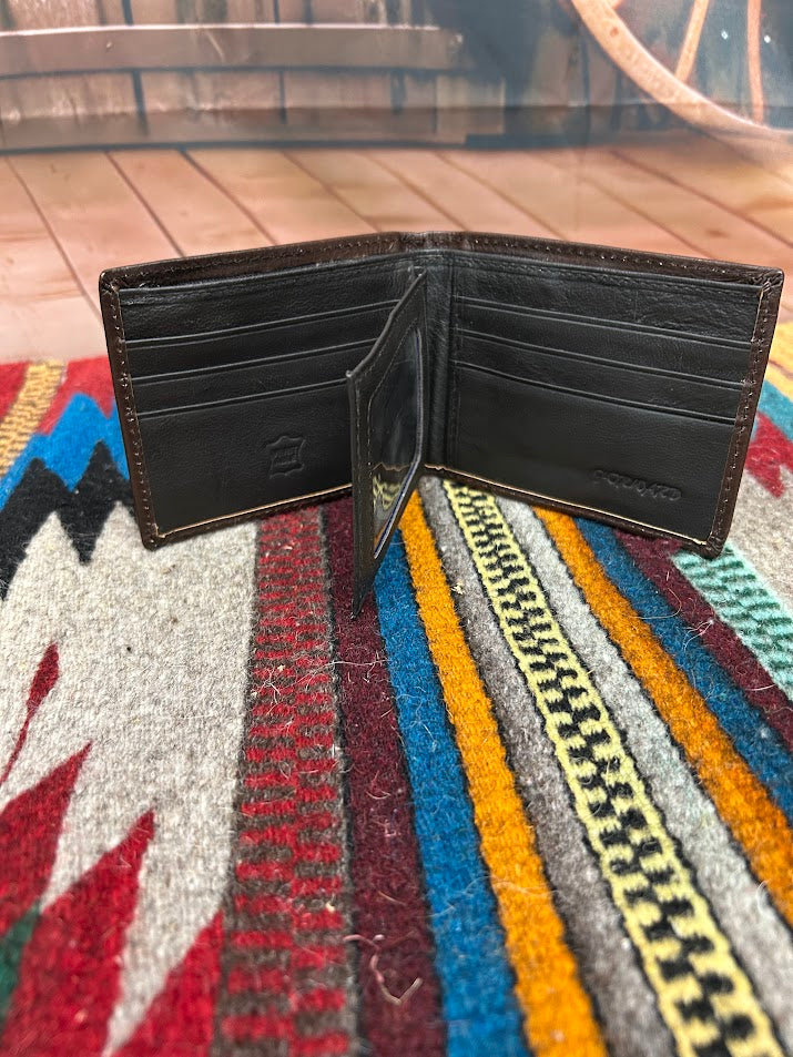 Dark Brown leather bifold wallet from Top Notch Accessories. Inside view showing six card slots with two additional tucked behind, a dual ID window, and two bill slots one zips closed.