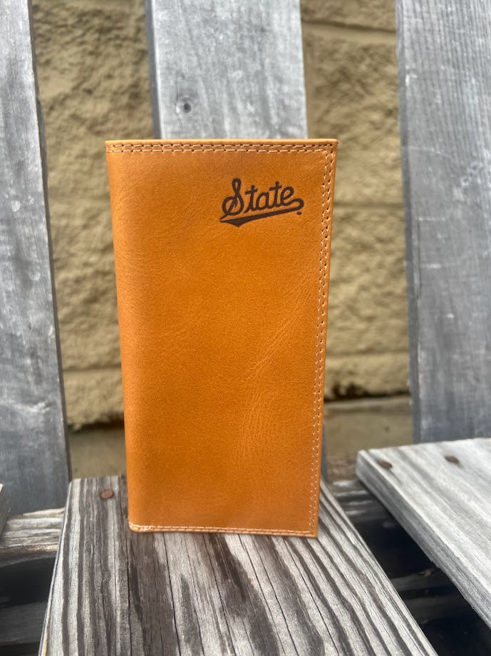 Zep-Pro Mississippi State Tan Leather Tall Wallet with the "State" logo embossed in top right corner. Front view