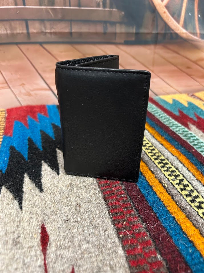 This Black leather trifold wallet from Top Notch accessories features nine card slots, a ID window, and two cash slots one zips close. Front View