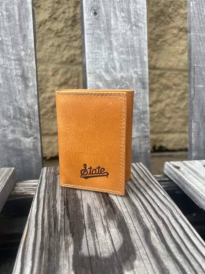 Zep-Pro Mississippi State Tan Leather Tri-Fold Wallet with "State" logo embossed and centered on bottom front.
