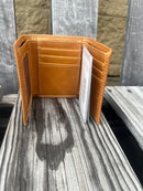 Zep-Pro Mississippi State Tan Leather Tri-Fold Wallet inside view showing &nbsp;6 interior credit card slots
2 interior pockets
1 ID window
1 plastic (6 card insert)
2 bill/cash compartments