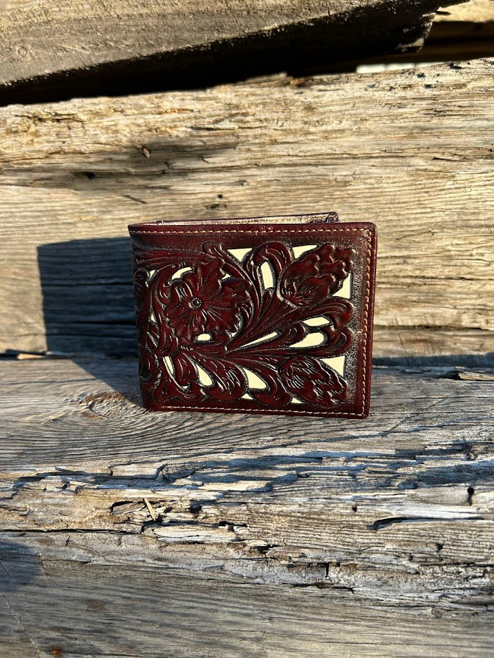 This Coffee Brown leather bifold wallet features a intricate tooled leather pattern with a Beige inlay. Front View