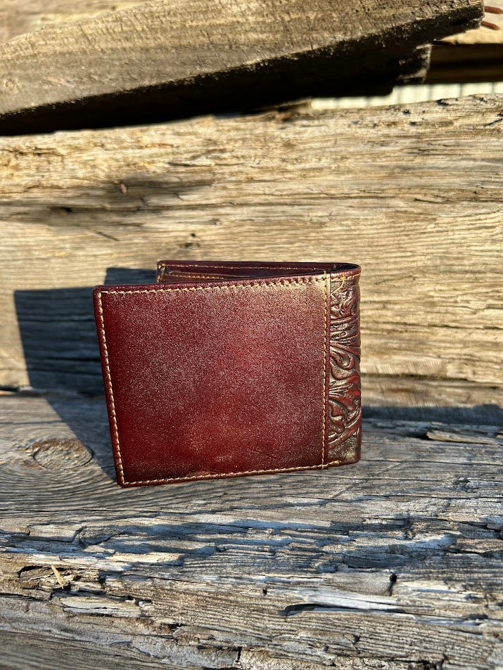 This Coffee Brown leather bifold wallet features a intricate tooled leather pattern with a Beige inlay. Rear view showing additional slot.