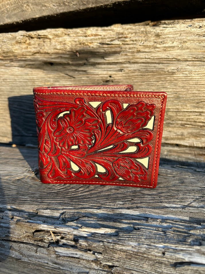 This Brown leather bifold wallet with Beige Inlay features a intricate tooled leather pattern. Front View