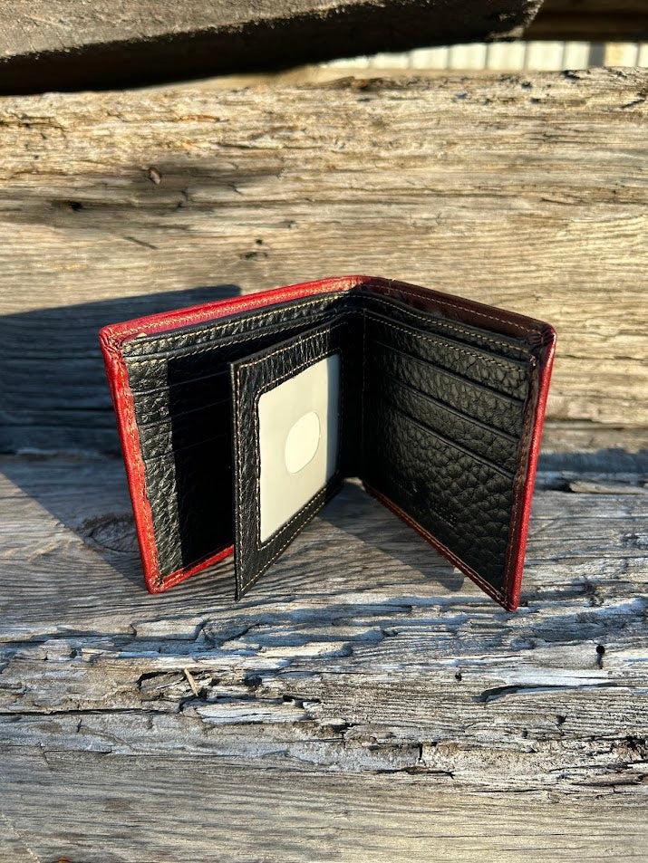 This Brown leather bifold wallet with Beige Inlay features a intricate tooled leather pattern. Inside view showing multiple card slots and dual ID windows.