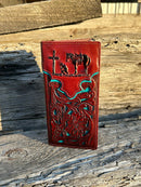 This Brown leather tall wallet features a Turquoise inlay and a Praying Cowboy design. Front View
