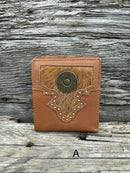 This Brown leather bifold wallet features a cowhide inlay with a Shotgun Shell Concho.  Front View A