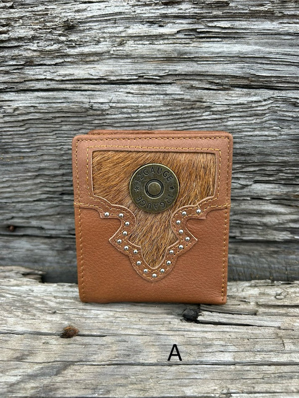This Brown leather bifold wallet features a cowhide inlay with a Shotgun Shell Concho.  Front View A