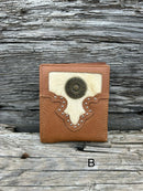 This Brown leather bifold wallet features a cowhide inlay with a Shotgun Shell Concho. Front View B