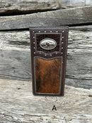 This Coffee Brown Alligator Print Leather checkbook wallet features a Praying Cowboy Concho and a cowhide inlay along the bottom. Front View A