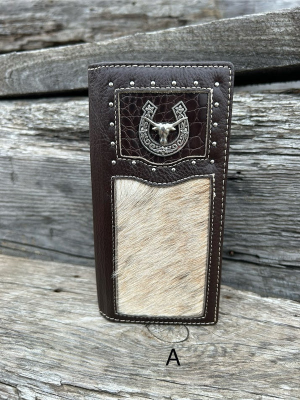 This Coffee Brown alligator print leather checkbook wallet features a Longhorn Concho and a cowhide inlay on the bottom of the front.  Front View A