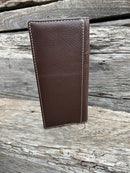 This Coffee Brown alligator print leather checkbook wallet features a Star Concho and a cowhide inlay on the bottom of the front. Rear view showing additional bill slot. 