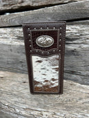 This Coffee Brown alligator print leather checkbook wallet features a Bull Rider Concho and a cowhide inlay on the bottom of the front.  Front View C