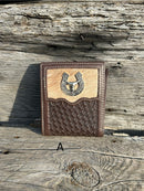 This Coffee Brown Basketweave leather bifold wallet features a cowhide inlay with a Longhorn Concho.  Front View A