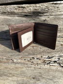 This Coffee Brown Basketweave leather bifold wallet features a cowhide inlay with a Longhorn Concho. Inside view showing multiple card slots and a dual ID window. 