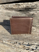 This Coffee Brown Basketweave leather bifold wallet features a cowhide inlay with a Longhorn Concho.  Rear View