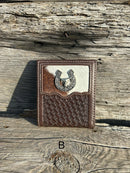 This Coffee Brown Basketweave leather bifold wallet features a cowhide inlay with a Longhorn Concho. Front View B
