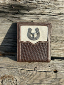 This Coffee Brown Basketweave leather bifold wallet features a cowhide inlay with a Longhorn Concho.  Front View C