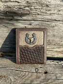 This Coffee Brown Basketweave leather bifold wallet features a cowhide inlay with a Longhorn Concho.  Front View D
